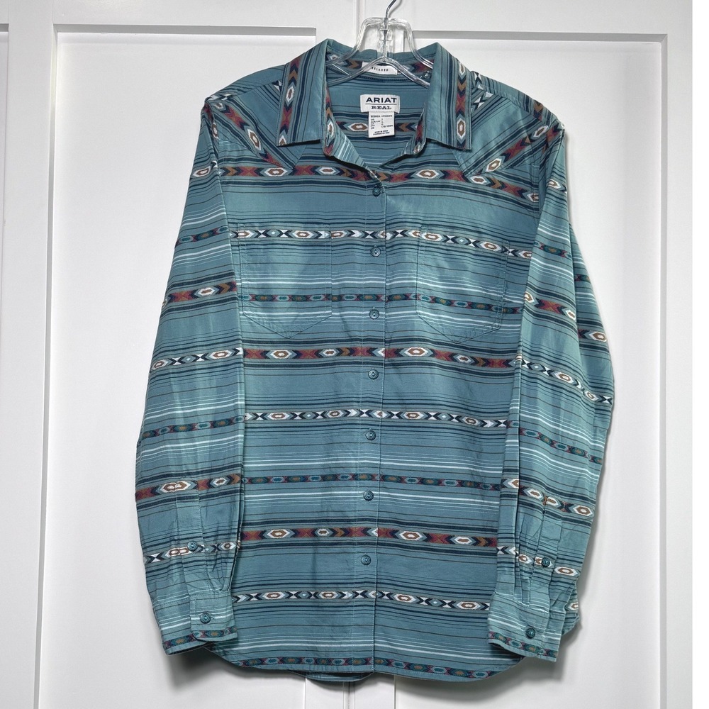 Ariat Real Womens Relaxed Southwestern Print Cotton Button Down Shirt Teal Large - Picture 2 of 8